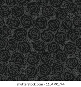 Black floral seamless pattern. Outline stylized roses. Abstract background with black flowers. Doodle hand drawn line art design element.