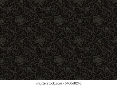 Black Floral Seamless Pattern, Vector