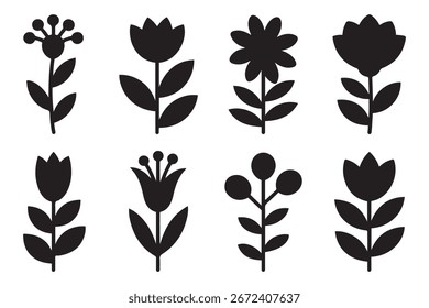 Conjunto floral preto. Coleção de ilustrações florais planas pretas. Abstrato estilizado recortar flores. Confortável para artesanato de corte e silhueta. Silhueta preta vetorial. com fundo branco
