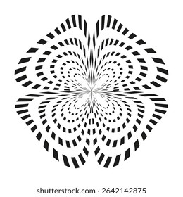 Black floral silhouette. Abstract radial bloom. White vector symbol. Hypnotic line shape.