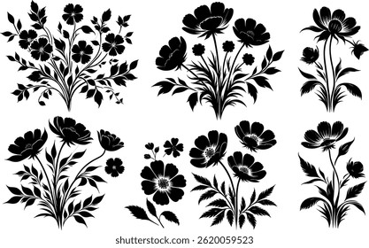 Black Floral Silhouettes, Flower Illustration, Black Flowers, Floral Pattern, Decorative Flower Designs