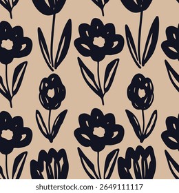 Black floral sketch pattern on beige background seamless pattern for fabric, textiles, clothing, wallpaper, cover, banner, home decor, florals backgrounds