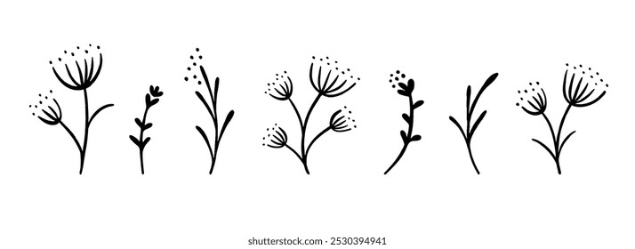 Black floral sketches set. Hand drawn botanical elements collection. Doodle flowers, leaves and branches bundle for decoration. Simple plants and herbs illustration pack. Vector