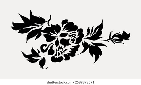 Black floral stencil design featuring a detailed flower and leaves. The floral pattern is bold and elegant, perfect for decorative projects and crafts. Vintage botanical illustration vector.