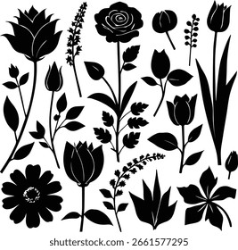 Schwarzer Blumen-Schablone Vektor-Set - Natürliche Blumen-Designs auf weißem Hintergrund