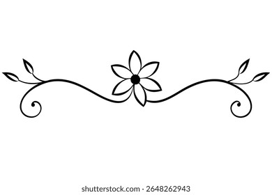 Black floral vector illustration featuring a stylized flower with leaves and swirls on a white background. Simple line art style.