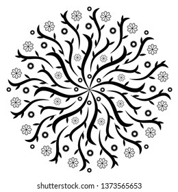 Black floral vector mandala with blossoms isolated on white background
