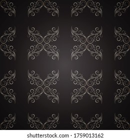 Vector floral negro sin fisuras en el fondo editable con plata y oro, Lujo, Papel tapiz, Patrón geométrico de lujo en impresión, diseño de moda, boda, Elegante e invitación.