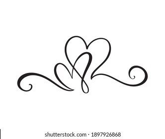 Black Flourish vintage Vector divider Valentines Day Hand Drawn Calligraphic Two Hearts. Calligraphy Holiday illustration. Design element valentine. Icon love decor for web, wedding.