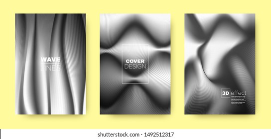 Black Flow Template. Modern Cover. Dynamic Background. 3d Movement Halftone Gradient. Fluid Template. Gray Abstract Cover. Business Brochure. Wave Concept. Halftone Texture.