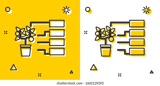 Black Flower analysis icon isolated on yellow and white background. Random dynamic shapes. Vector Illustration