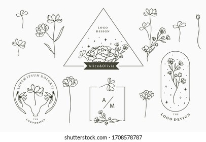 Black flower collection with leaves,geometric.Vector illustration for icon,sticker,printable and tattoo