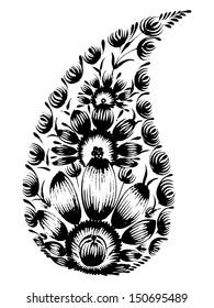 black flower composition, hand drawn, illustration in Ukrainian folk style