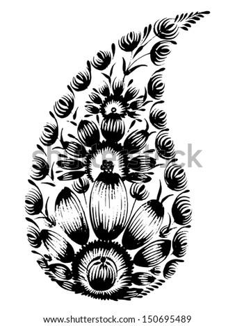 black flower composition, hand drawn, illustration in Ukrainian folk style