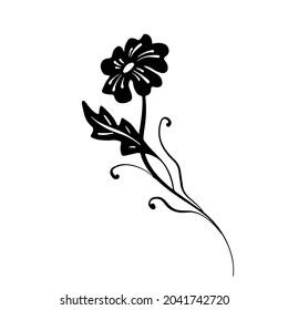 Black Flower as design element. Hand drawn sketch style. Line art. Ink drawing. Botany illustration on white. Isolated. Black and white vector background.