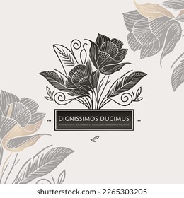 Black flower emblem on a beige background. Vector template motif. Luxury design elements. Great for fabric and textile, wallpaper, packaging or any desired idea.