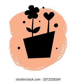 Black flower, heart and leaves in pot silhouette on orange brush stroke. Abstract elements icon for decoration, Vector illustration. 