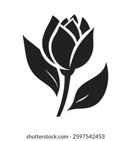 Black flower icon on white background. Floral silhouette symbol. Plant pictogram. Simple vector design element.