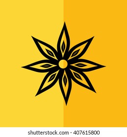 Black flower icon vector illustration. Yellow background