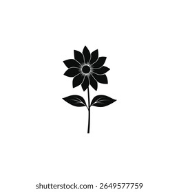Black flower illustration with eight petals and a central pattern, featuring a stem and two leaves, presented against a white background. Design is simple and elegant.