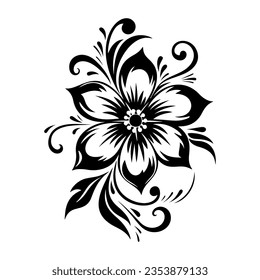 Black flower illustration, tribal tattoo style. Abstract vector flower for print design. Elegant women floral tattoo design.