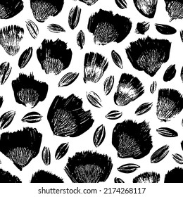 Black flower imprints vector seamless pattern. Ink texture with foliage and meadow flowers. Abstract flower motif. Hand drawn floral ornament with brush strokes. Black buds modern ornament