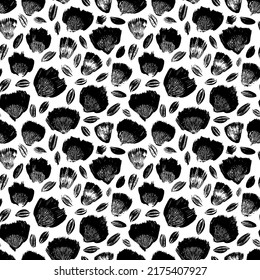 Black flower imprints vector seamless pattern. Ink texture with foliage and meadow flowers. Abstract flower motif. Hand drawn floral ornament with brush strokes. Black buds modern ornament