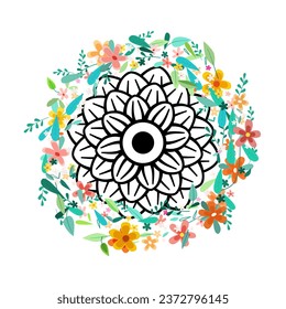 Black flower inside wreath isolated on white background - vector