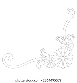 black flower line corner on white background For decorating edges, decorating paper corners.