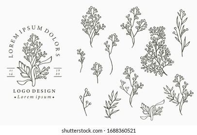 Black flower logo collection with leaves,geometric.Vector illustration for icon,logo,sticker,printable and tattoo