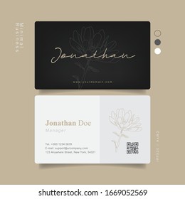 Black flower minimal business card with handwritten. QR simulation. Vector Illustration EPS10.