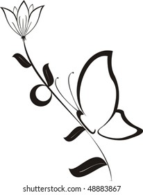 black flower with petals and leaves, with a butterfly, vector file