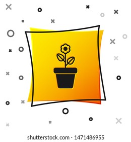 Black Flower in pot icon isolated on white background. Plant growing in a pot. Potted plant sign. Yellow square button. Vector Illustration