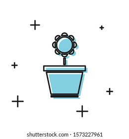 Black Flower in pot icon isolated on white background. Plant growing in a pot. Potted plant sign.  Vector Illustration