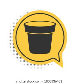 Black Flower pot icon isolated on white background. Yellow speech bubble symbol. Vector.