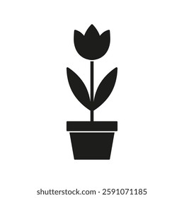 Black flower in a pot icon. Tulip in pot. Vector. Flat design.