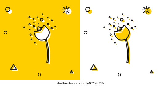 Black Flower producing pollen in atmosphere icon isolated on yellow and white background. Random dynamic shapes. Vector Illustration