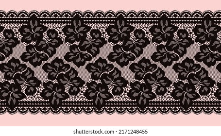 Black Flower Raschel Lace Trim. Net Fabric.