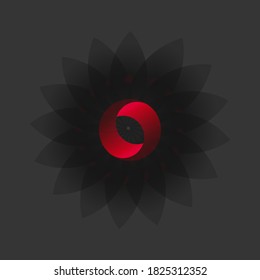 Black flower with red circle in the middle.