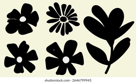 Black Flower Silhouette Icon Set, Floral  Botanical Design Elements, Minimal Flower Silhouette, Vector Blossom Set for Design.