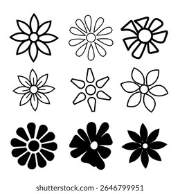 Black Flower Silhouette Icon Set, Floral  Botanical Design Elements, Minimal Flower Silhouette, Vector Blossom Set for Design.