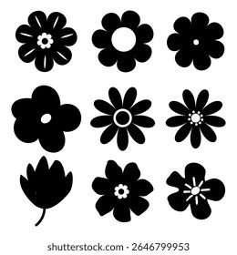 Black Flower Silhouette Icon Set, Floral  Botanical Design Elements, Minimal Flower Silhouette, Vector Blossom Set for Design.