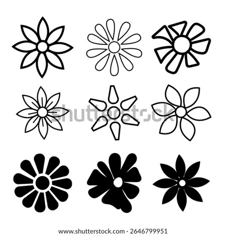 Black Flower Silhouette Icon Set, Floral  Botanical Design Elements, Minimal Flower Silhouette, Vector Blossom Set for Design.