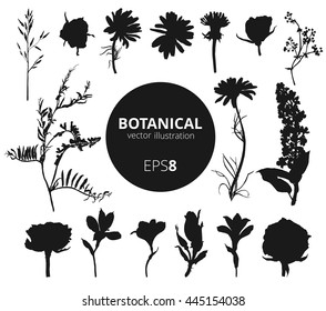 Black flower silhouette set. Plant collection. Floral vector illustration. 