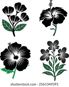 Black flower silhouette with vibrant green leaves.The detailed lines radiating from the flower's center add intricacy to the design, while the color contrast between the black petals and green leaves 