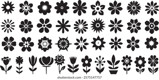 Black flower vector set feature abstract floral design silhouettes, and geometric patterns. Ideal for decoration, logos, and design projects. Includes minimalist botanical elements. eps file.