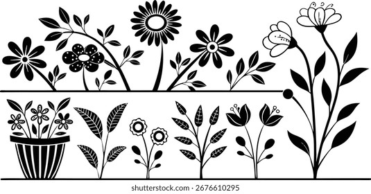 Black flower vector set feature abstract floral design silhouettes, and geometric patterns. Ideal for decoration, logos, and design projects. Includes minimalist botanical elements for creative illust