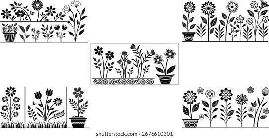 El conjunto de Vector de flores negras presenta siluetas de diseño floral abstracto y patrones geométricos. Ideal para proyectos de decoración, logotipos y diseño. Incluye Elementos botánicos minimalistas para una ilusión creativa
