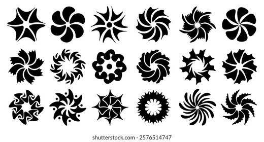 The black flower vector set features abstract floral design silhouettes and geometric patterns. It is ideal for decoration, logos, and design projects. Includes minimalist botanical elements