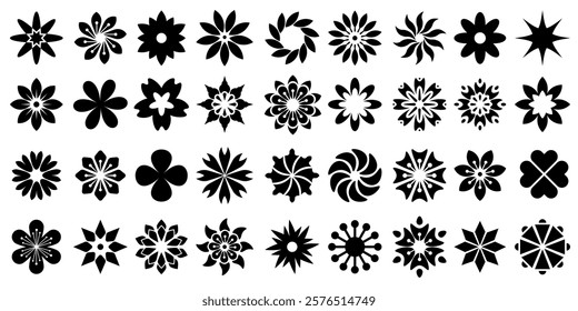 The black flower vector set features abstract floral design silhouettes and geometric patterns. It is ideal for decoration, logos, and design projects. Includes minimalist botanical elements